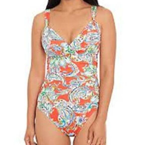 1122 Ralph Lauren surplice tummy control one Pc Swimsuit ORANGE PAISLEY 16 - Picture 1 of 2